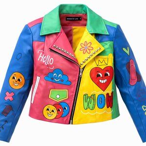 NWT Denim Love Pop Art Patchwork Moto Jacket - Size Small